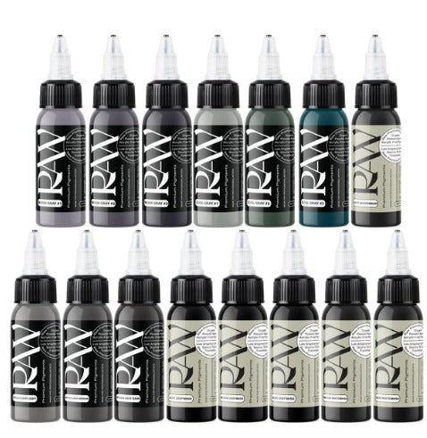 THE GRAYS SET de Raw Pigments en tamaños de 2 oz y 4 oz