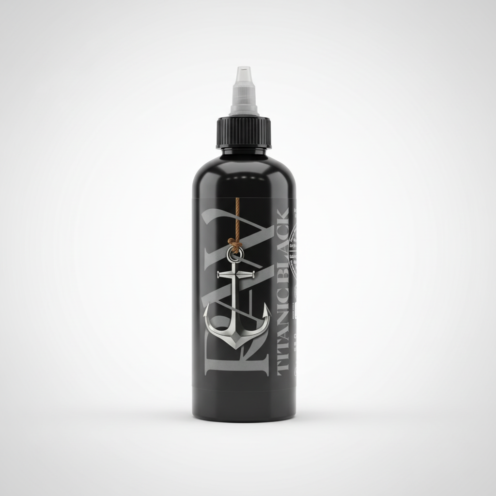Botella de tinta negra para tatuaje RAW TITANICBLACK sobre fondo blanco