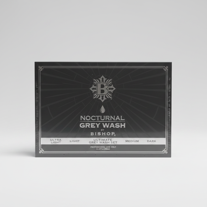 Caja del set de tinta Nocturnal Grey Wash de Bishop sobre fondo neutro