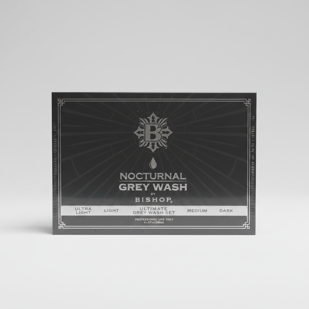 Caja del set de tinta Nocturnal Grey Wash de Bishop sobre fondo neutro