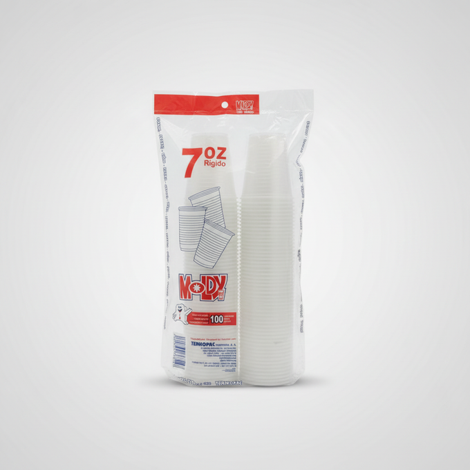 Paquete de vasos rígidos desechables de 7 oz con 100 unidades sobre fondo neutro